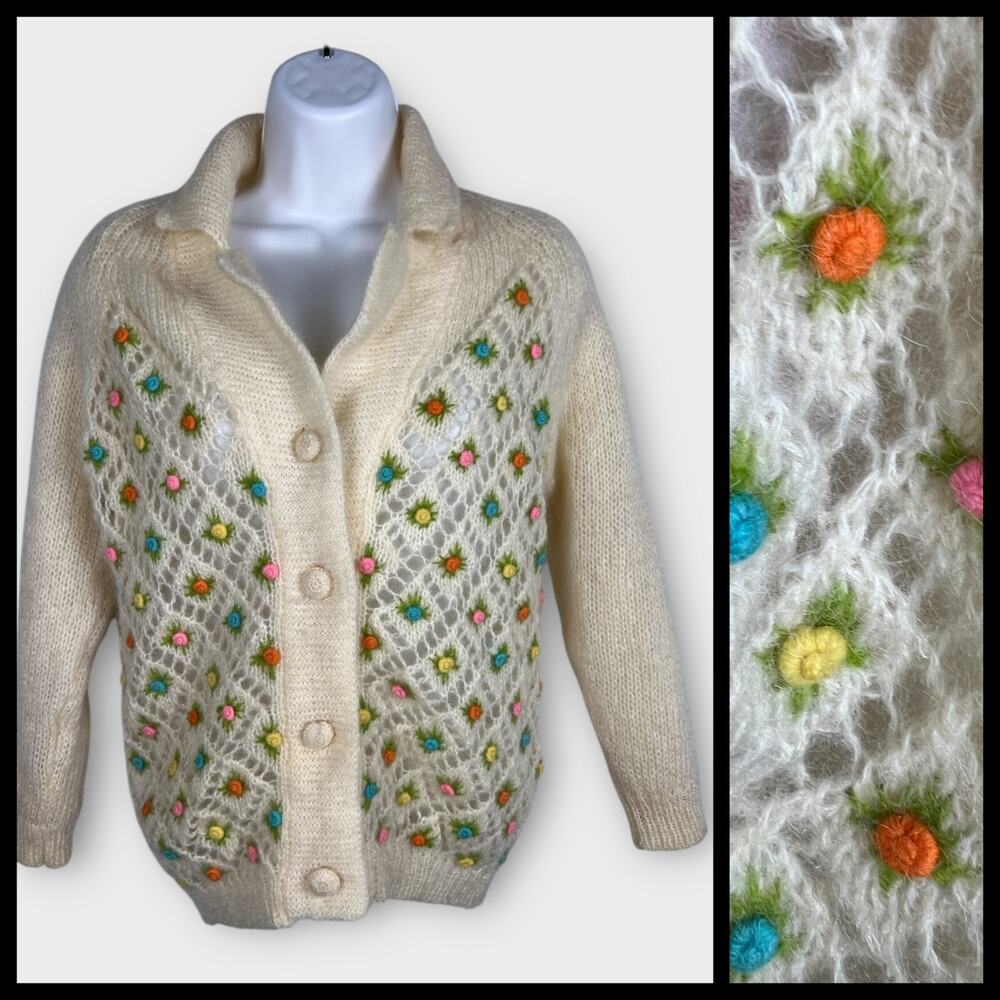 1950s Cream Knitted Crochet‎ Colorful Pom Pom Floral 3D Wool Cardigan Medium